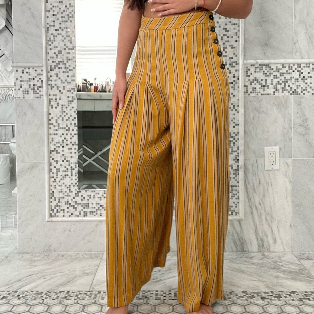 Free People Pin-Striped Yellow Wide Leg Pants, Yellow (Size 0)